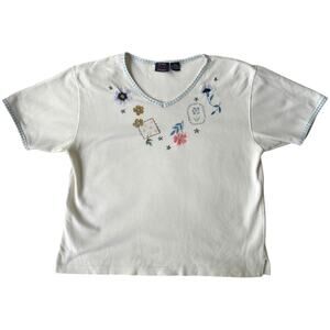 Renee M Sport embroidered waffle‑knit V‑neck tee white blue trim L 14‑16